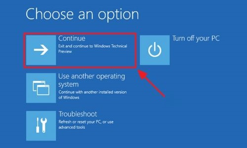 Windows 10 recovery environment, Choose an option, Continue