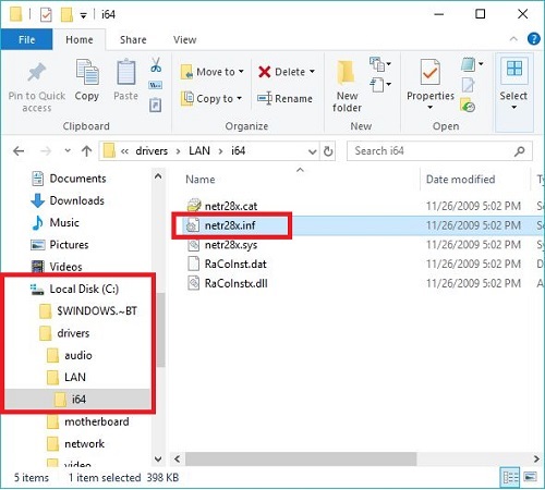 Windows 10 File explorer, INF file location
