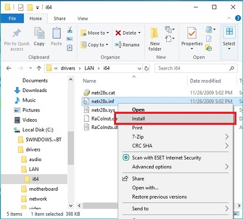 Windows 10 File explorer, INF file, install