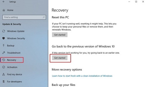 Settings, Recovery, Get Started