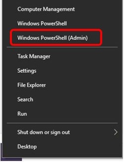 Windows 10 desktop, Quick Access Menu, Windows PowerShell (Admin)