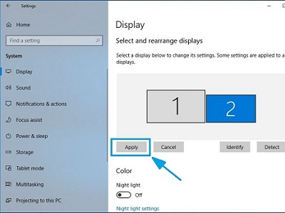 Windows 10 Settings, Display Settings, Apply