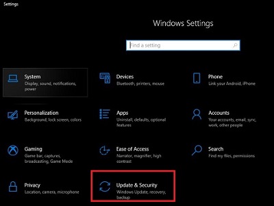 Windows 10 settings, Update & Security