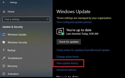 Update & Security settings, View update history