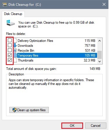 Disk Cleanup list of options, OK
