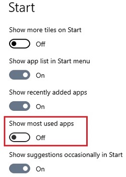 Start Settings, Show most used apps