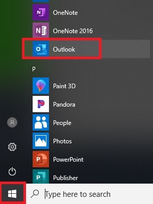 Start menu, Outlook