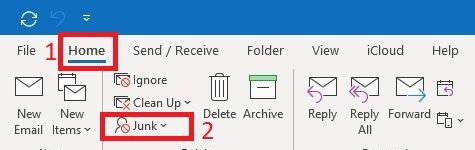Outlook ribbon, Home tab, Junk option