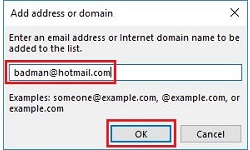 add address or domain, email address being blocked