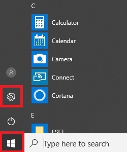 Windows start menu, settings