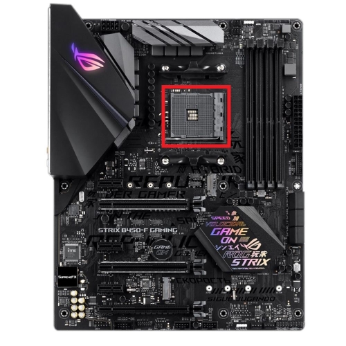 Picture of motherboard with red hollow square identifying the CPU socket