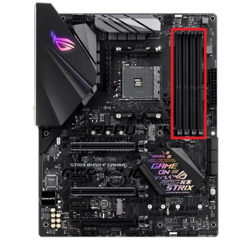 Picture of motherboard with red hollow square identifying the RAM Slots