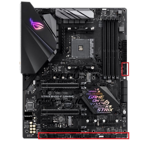 front panel connections on front edge of motherboard