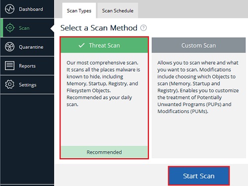 Malwarebytes program window, Threat Scan, Start Scan