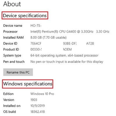 About this PC, Device specifications, Windows specifications
