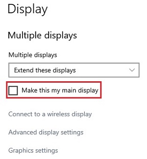 Display settings, Multiple displays, Make this my main display