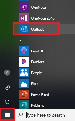 Windows 10 Desktop, Start menu, Outlook