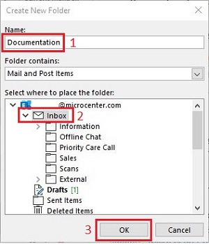 Create New Folder window, Inbox Selection, OK