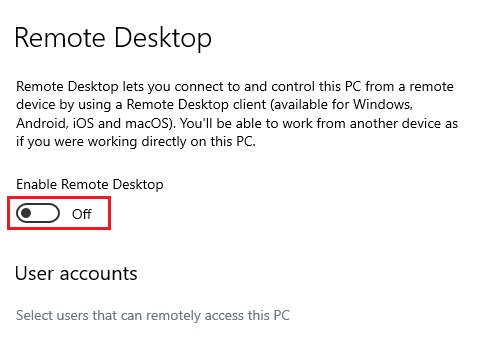 Settings Remote Desktop Slider On off