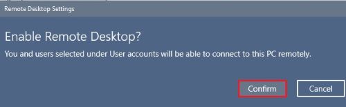 Remote Desktop Settings, Enable Remote Desktop