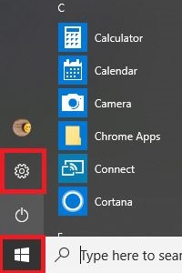 Windows start menu, settings icon