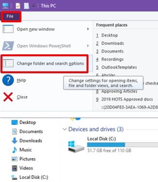 File Explorer, File menu, Change folder and search options