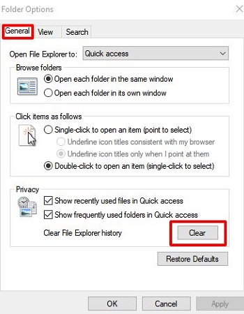 File Explorer Folder Options, Clear File Explorer History, Clear