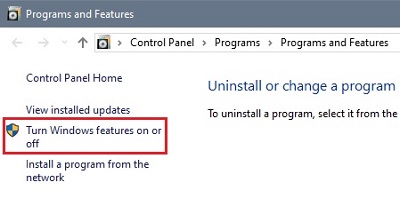 Programs and Features Turn Windows features on or off