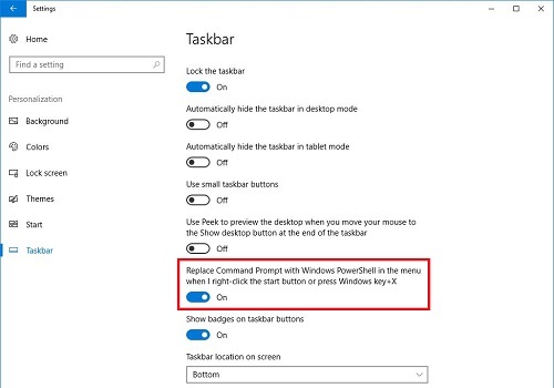 Taskbar settings, showing the highlighted option