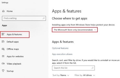Apps and Features Settings, Choose where to get apps