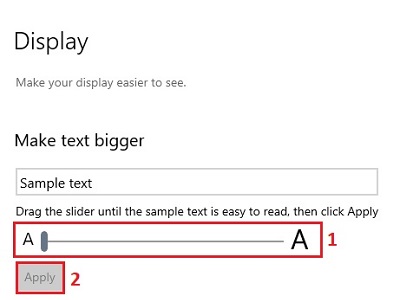 Ease of Access Settings, Display, Text size slider