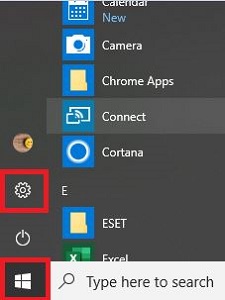 Windows 10 Desktop, Windows Start menu, Settings