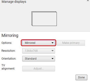 Manage displays, Options, Mirrored