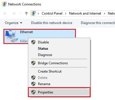 Network Connections, Ethernet properties