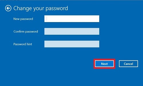 new password box with blank password