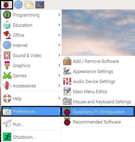 Raspbian Desktop, Main Menu, Preferences, Raspberry Pi Configuration
