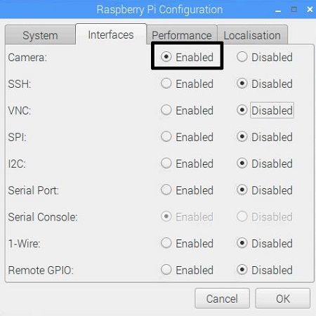 Raspberry Pi Configuration, Interfaces, Enable Camera
