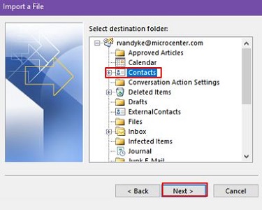 Import a file, contacts folder