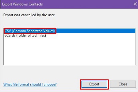 export choice window