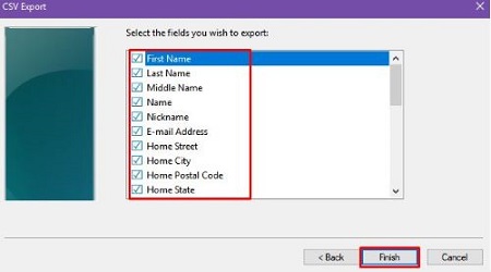 CSV export popup List of fields Finish