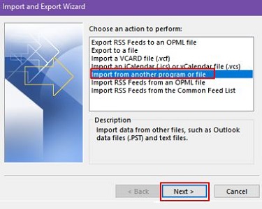 Import and Export Wizard Import from another program or file