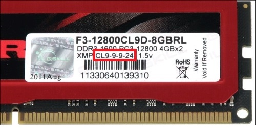 RAM module label with latency numbers