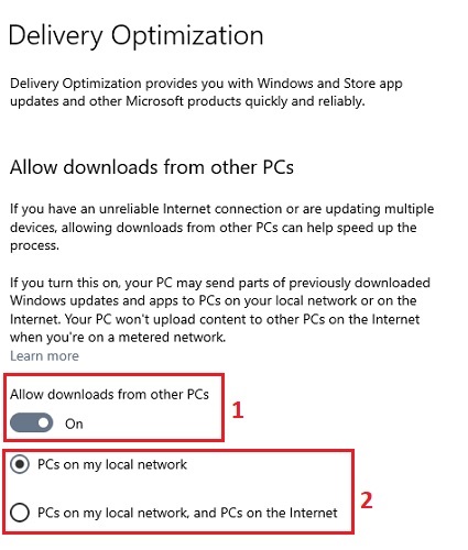 Update & Security Settings, Allow downloads from other PCs