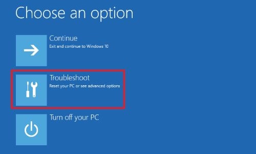 Windows Recovery, Choose an Option, Troubleshoot