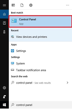Start Menu search with Control Panel highlighted