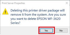 Print Server Properties Message box, showing Yes