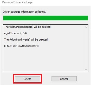 Remove Driver And Package, showing Delete highlighted