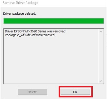 Remove Driver And Package, showing OK highlighted