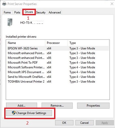 Print Server Properties, drivers tab, change driver settings option
