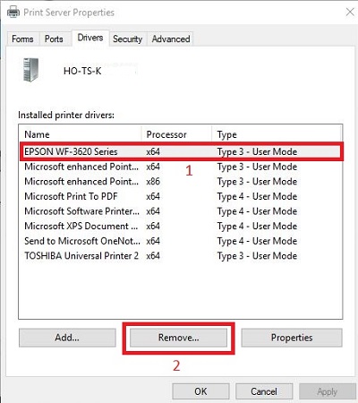 Print Server Properties, Remove option highlighted